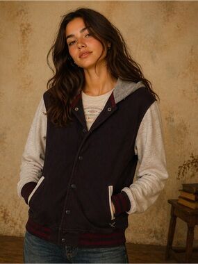 American Eagle Outfitters Hooded Varsity Jacket Colorblock Snap Front Casual